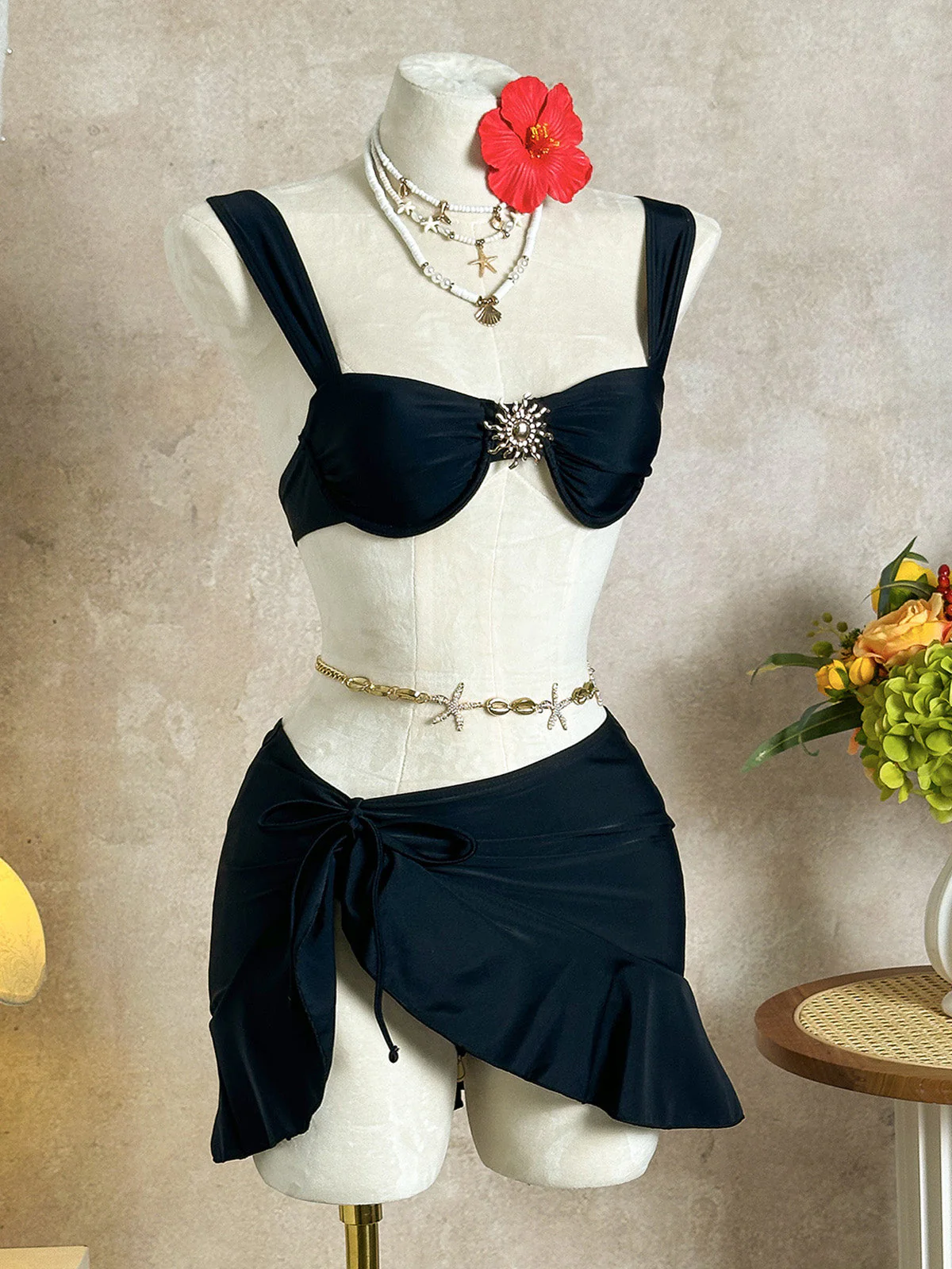 3PCS 1950s Solid Metal Sun Chain Accent Bikini Set & Cover-Up - Image 10