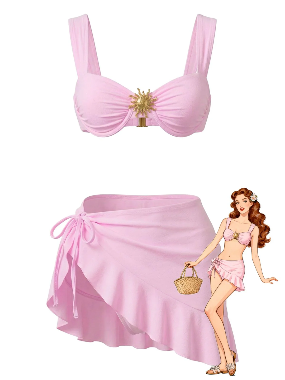 3PCS 1950s Solid Metal Sun Chain Accent Bikini Set & Cover-Up - Image 7
