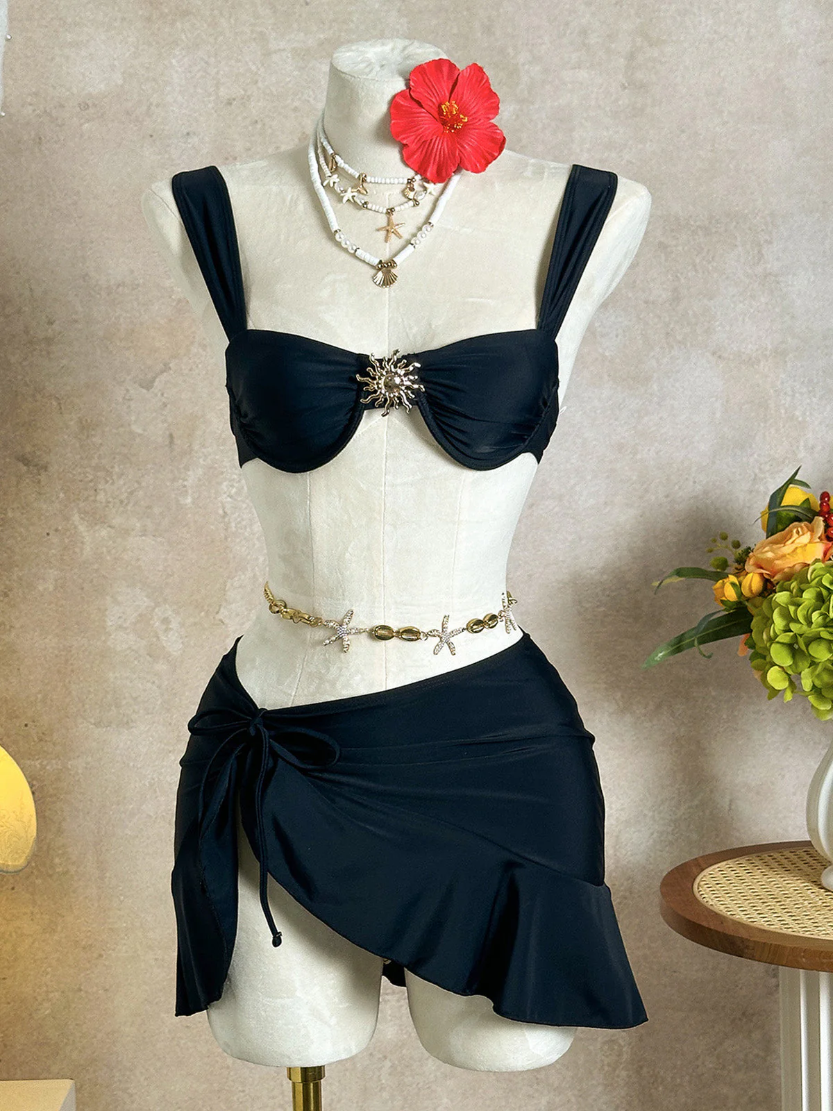 3PCS 1950s Solid Metal Sun Chain Accent Bikini Set & Cover-Up - Image 9