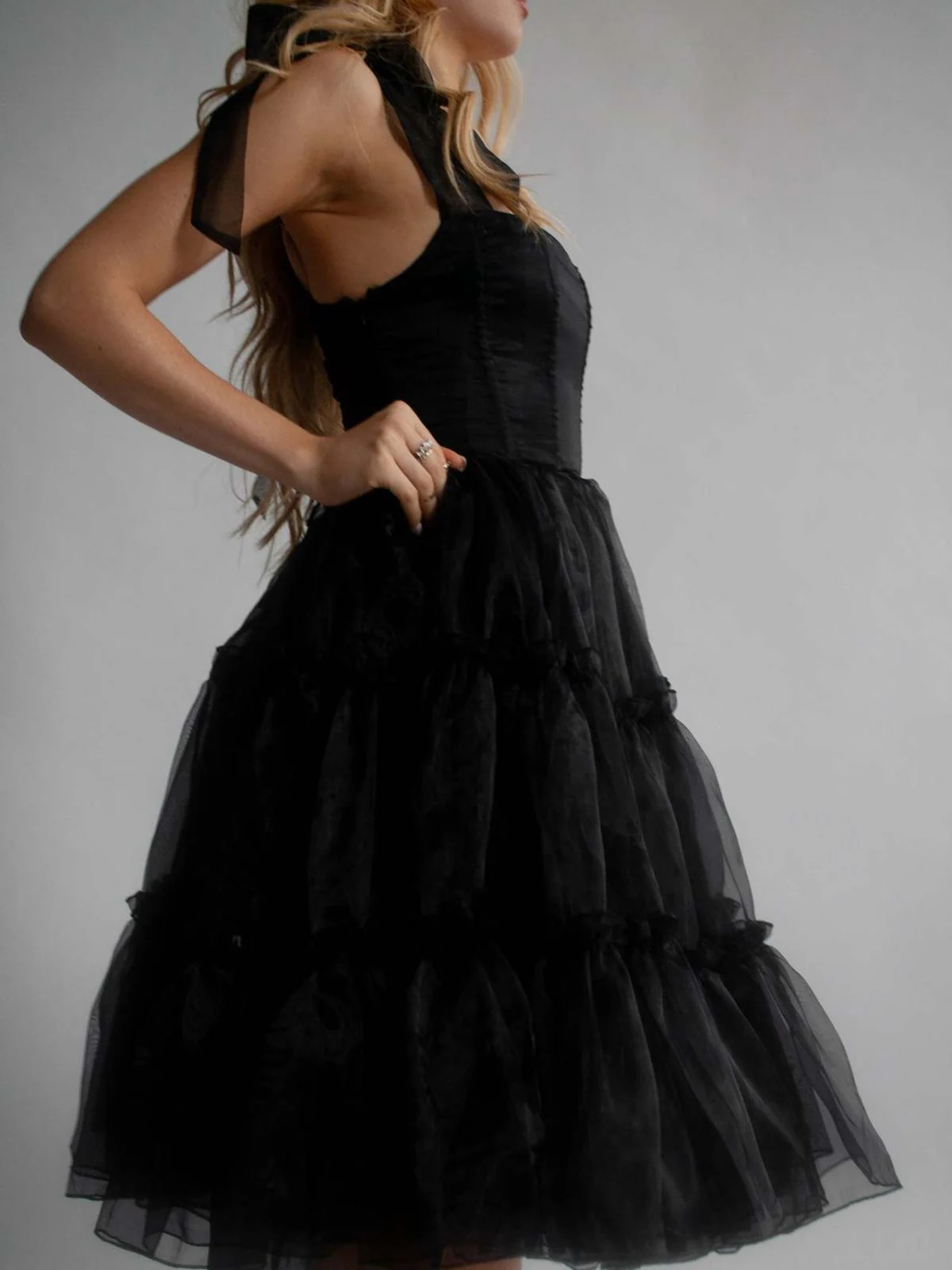 1950s Solid Multi-Layered Ruffle Tulle Dress - Image 10