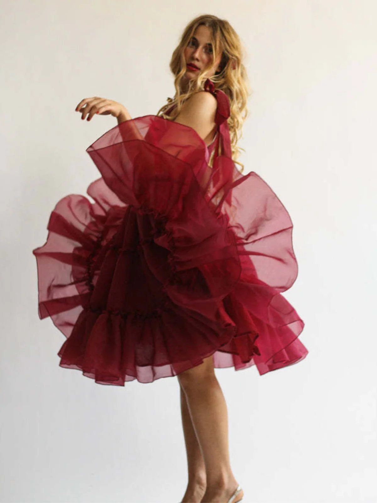 1950s Solid Multi-Layered Ruffle Tulle Dress - Image 13