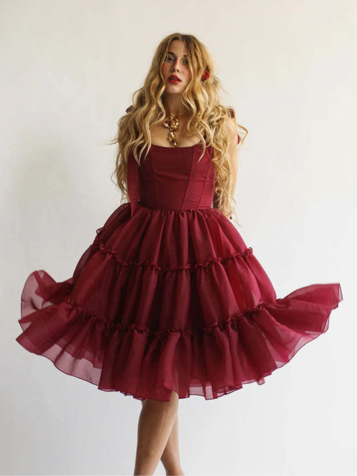 1950s Solid Multi-Layered Ruffle Tulle Dress - Image 2