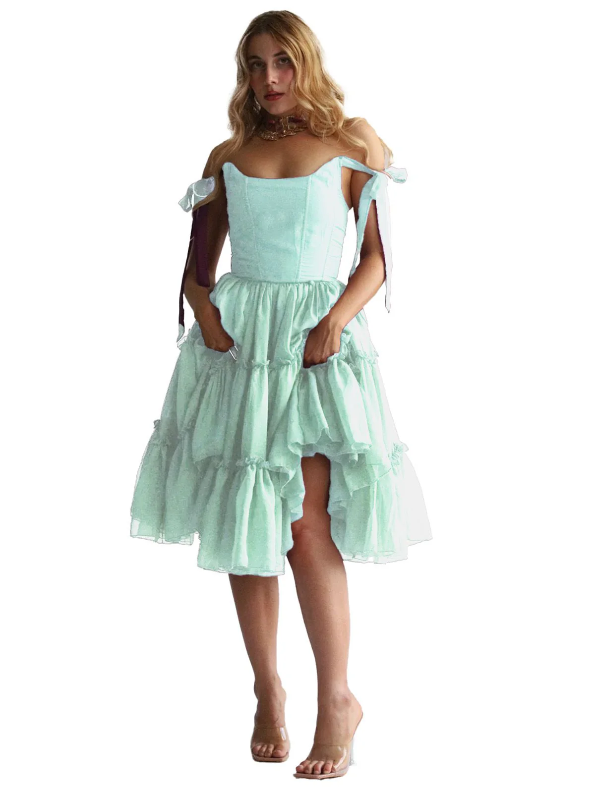 1950s Solid Multi-Layered Ruffle Tulle Dress - Image 25