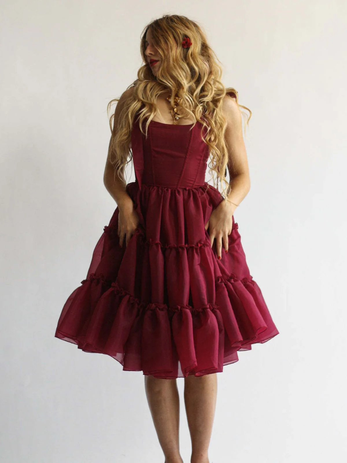 1950s Solid Multi-Layered Ruffle Tulle Dress - Image 5