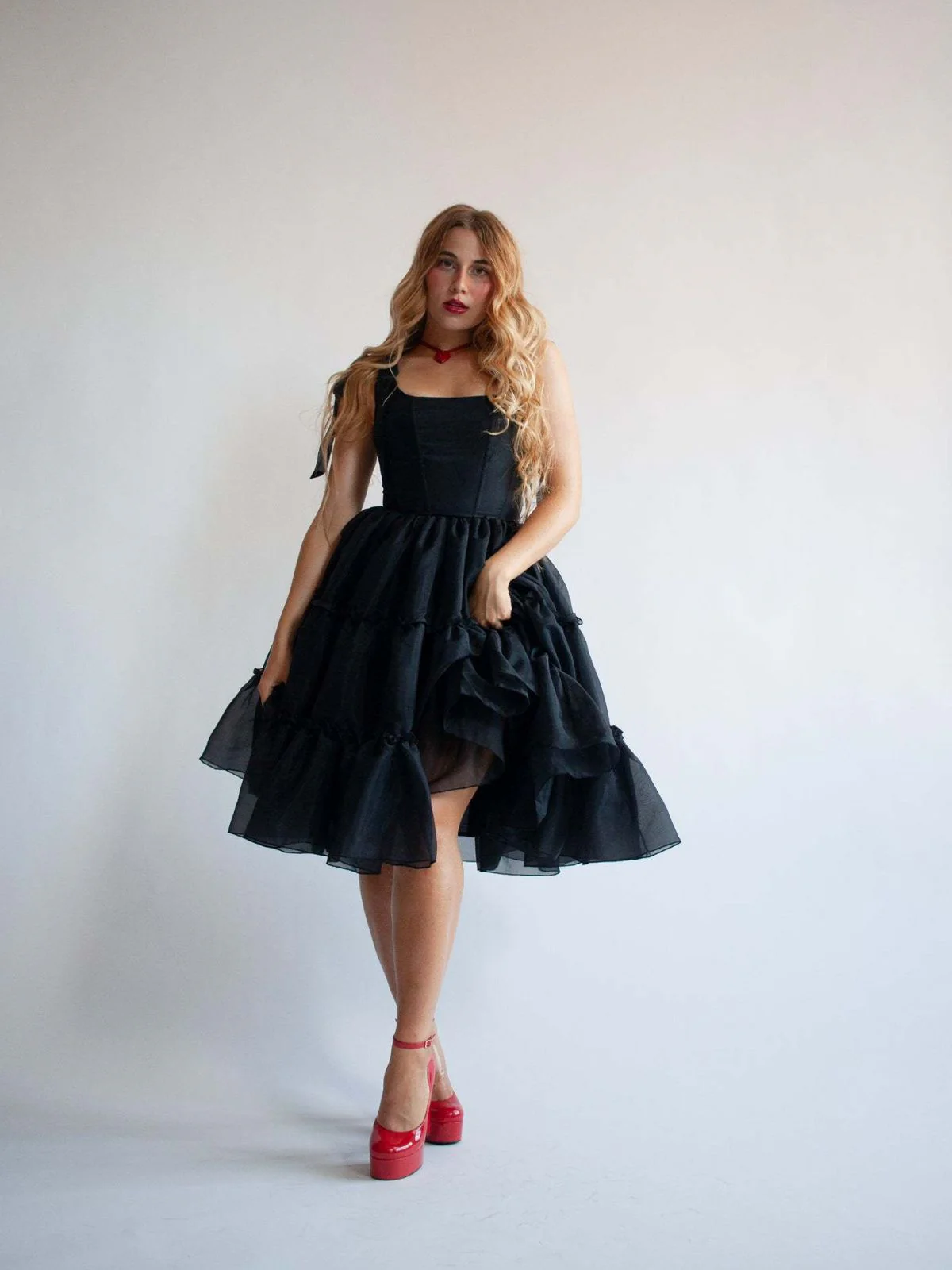1950s Solid Multi-Layered Ruffle Tulle Dress - Image 6