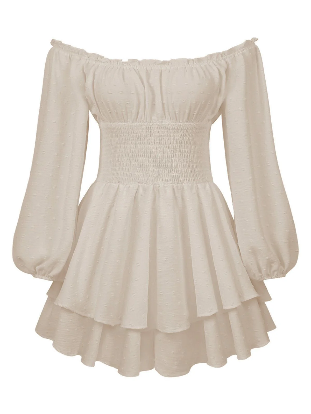 1950s Solid Off-Shoulder Long-Sleeve Smocked Mini Dress - Image 2