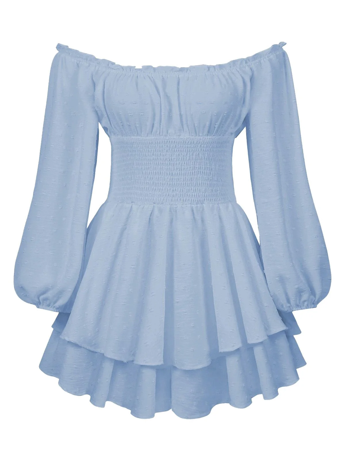 1950s Solid Off-Shoulder Long-Sleeve Smocked Mini Dress - Image 3