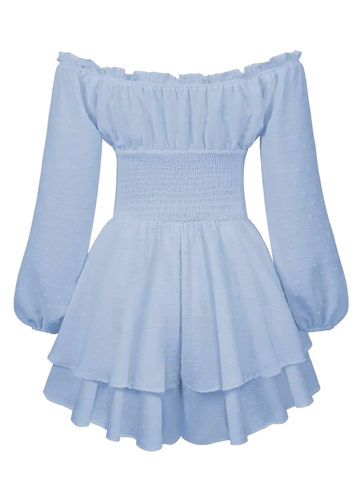 1950s Solid Off-Shoulder Long-Sleeve Smocked Mini Dress - Image 4