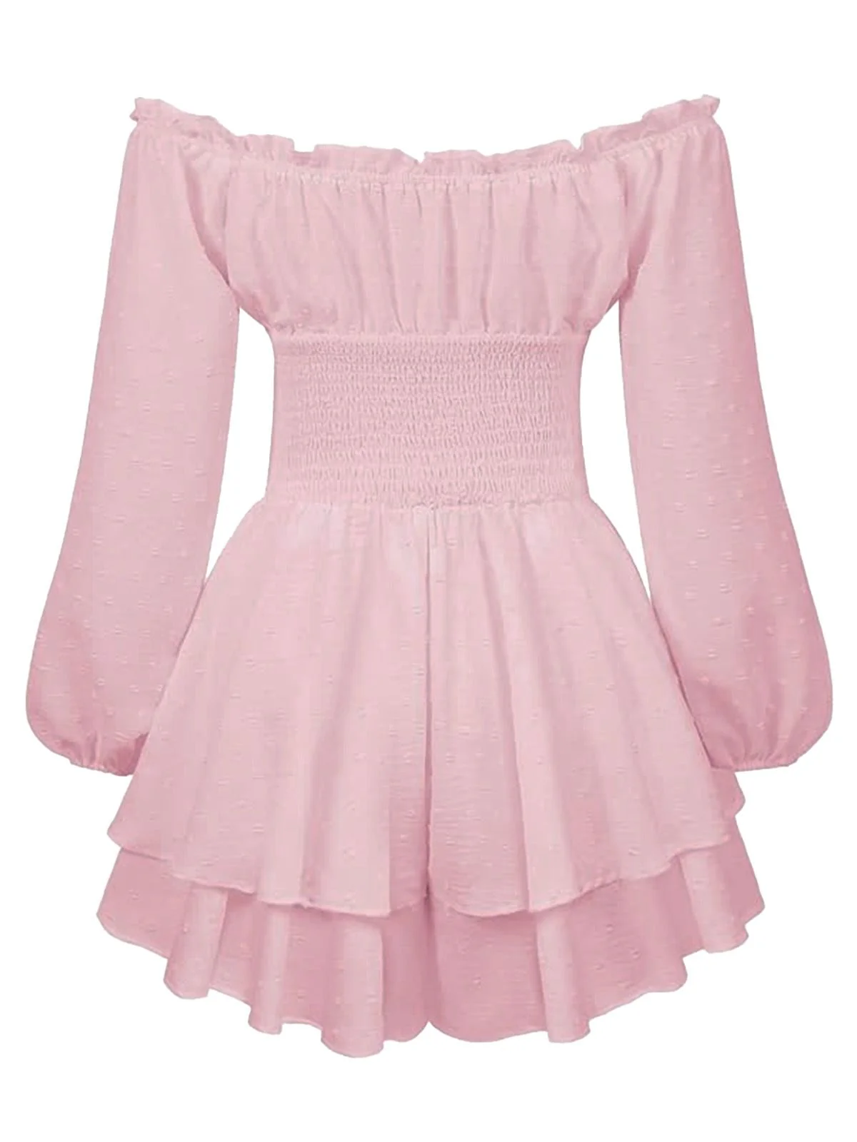 1950s Solid Off-Shoulder Long-Sleeve Smocked Mini Dress - Image 5