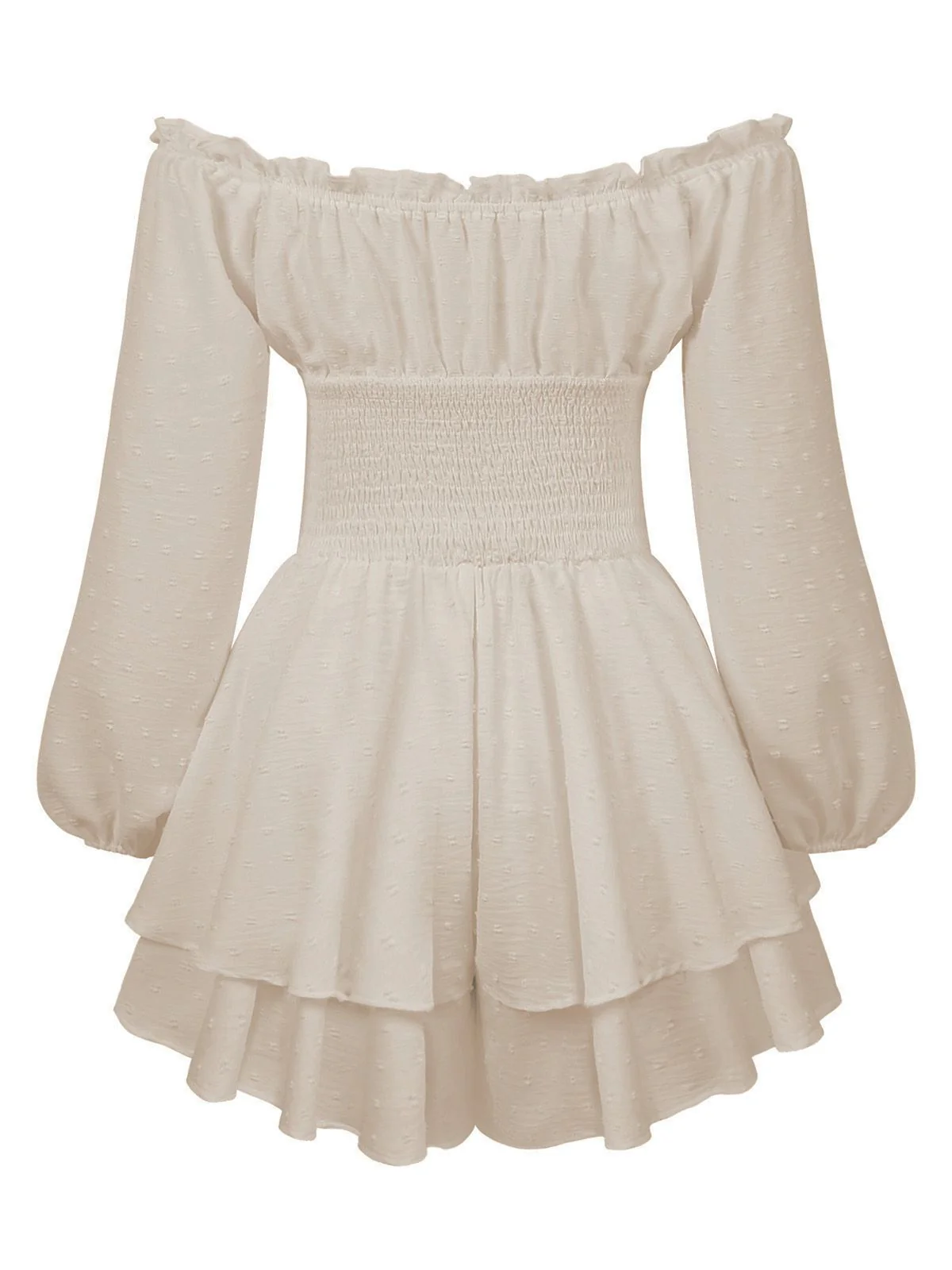 1950s Solid Off-Shoulder Long-Sleeve Smocked Mini Dress - Image 6