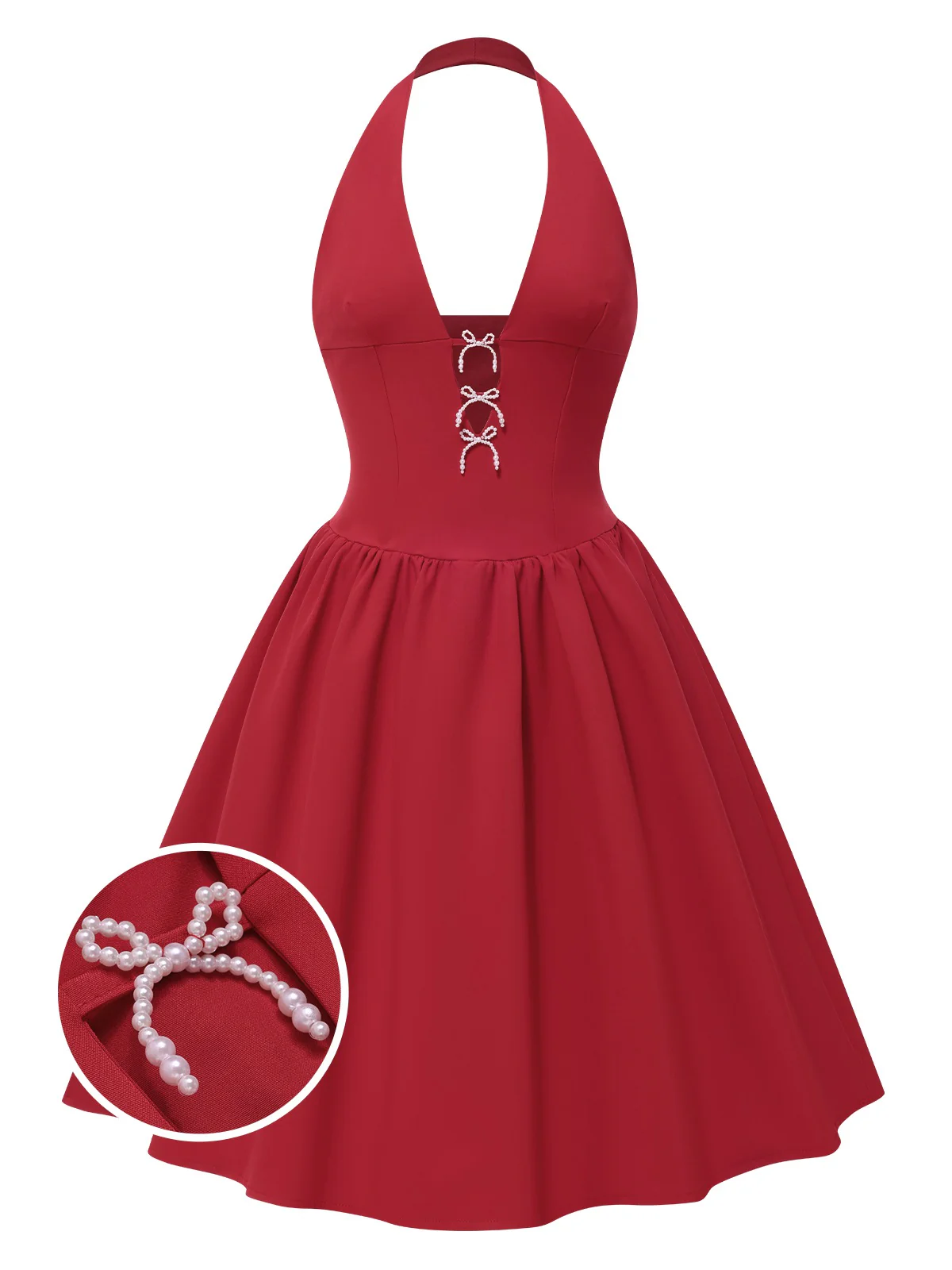 1950s Solid Pearl Bow Halter Dress - Image 5