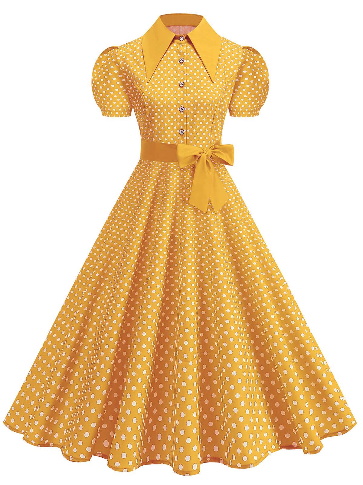 1950s Solid Polka Dot Shirt Collar Belted Swing Dress - Image 10