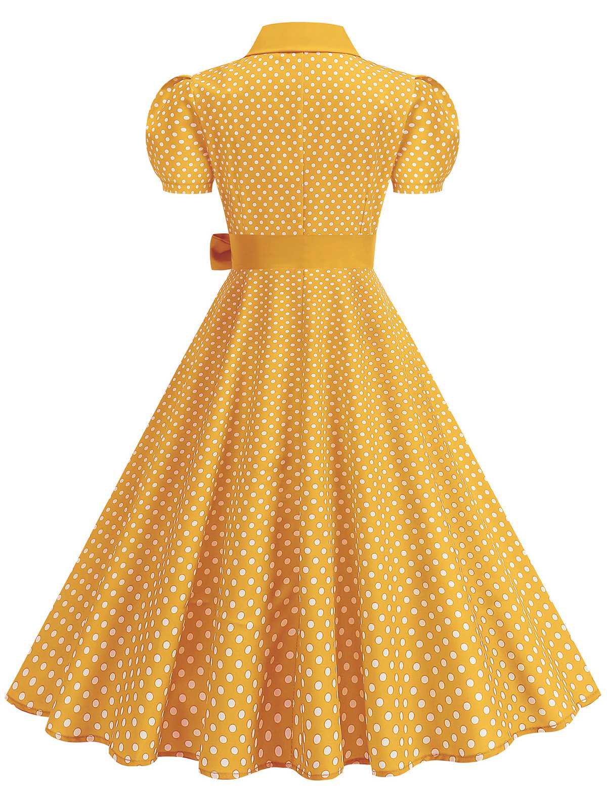 1950s Solid Polka Dot Shirt Collar Belted Swing Dress - Image 11