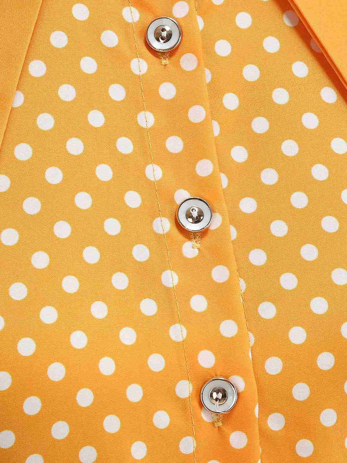 1950s Solid Polka Dot Shirt Collar Belted Swing Dress - Image 12