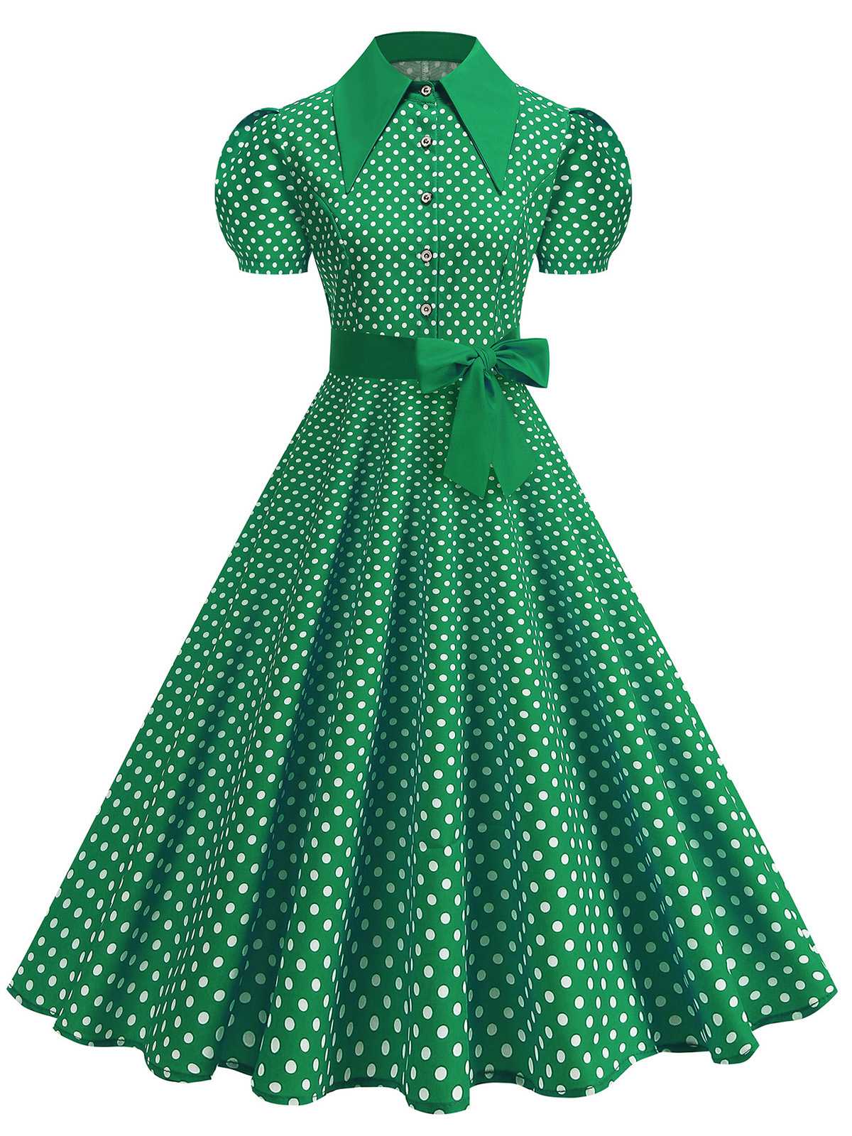 1950s Solid Polka Dot Shirt Collar Belted Swing Dress - Image 13
