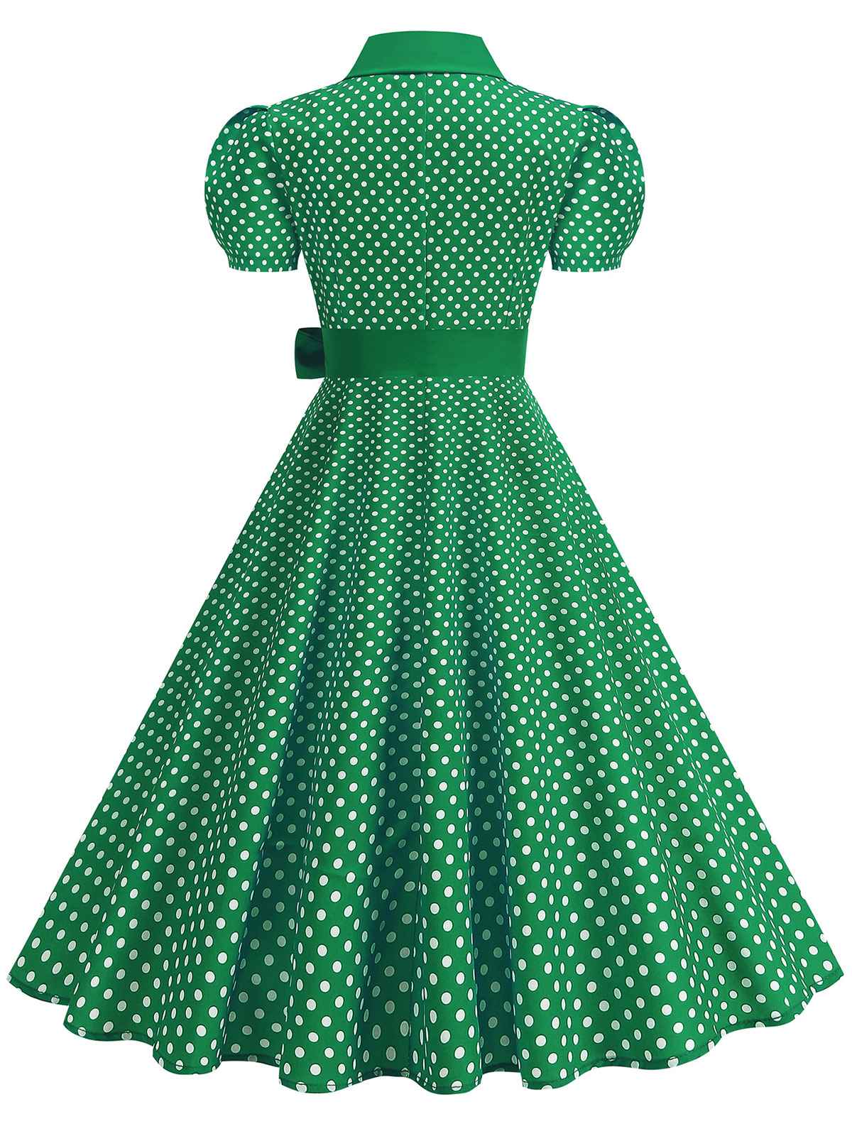 1950s Solid Polka Dot Shirt Collar Belted Swing Dress - Image 14