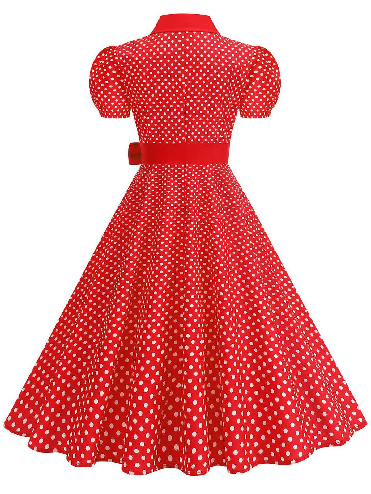 1950s Solid Polka Dot Shirt Collar Belted Swing Dress - Image 2
