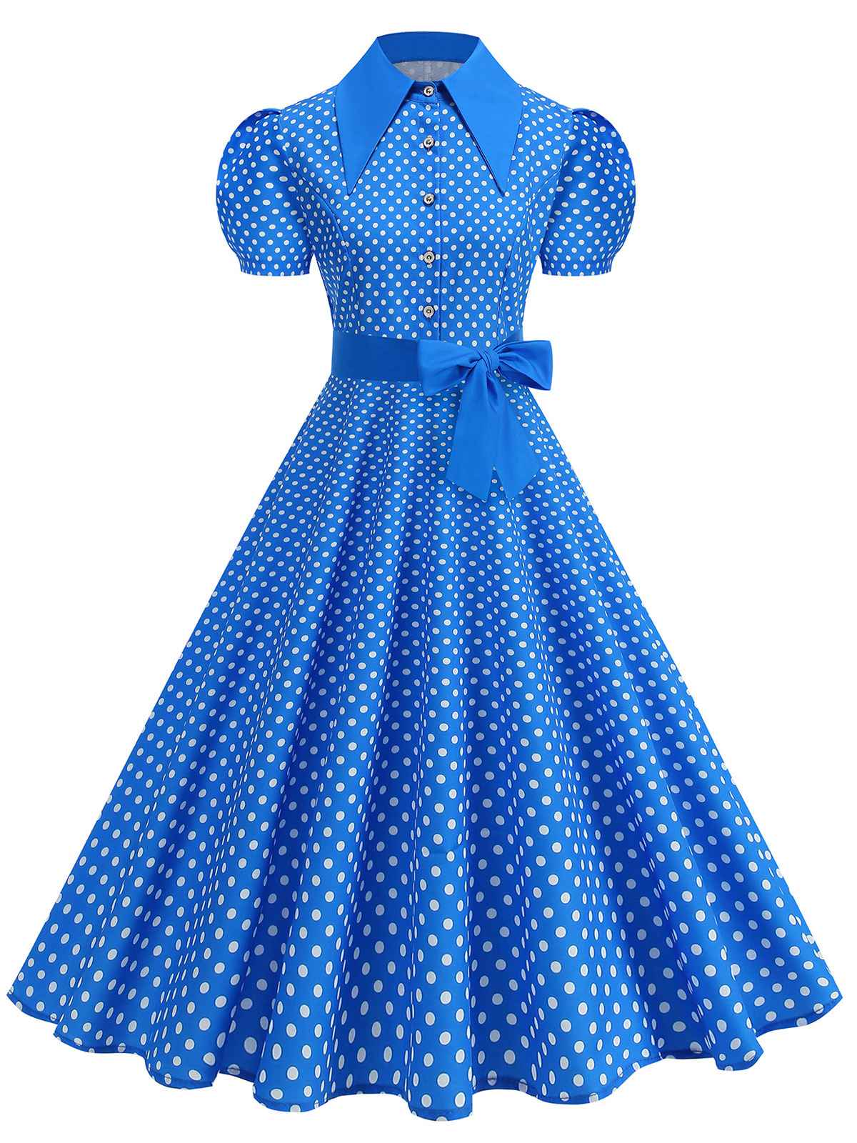 1950s Solid Polka Dot Shirt Collar Belted Swing Dress - Image 7