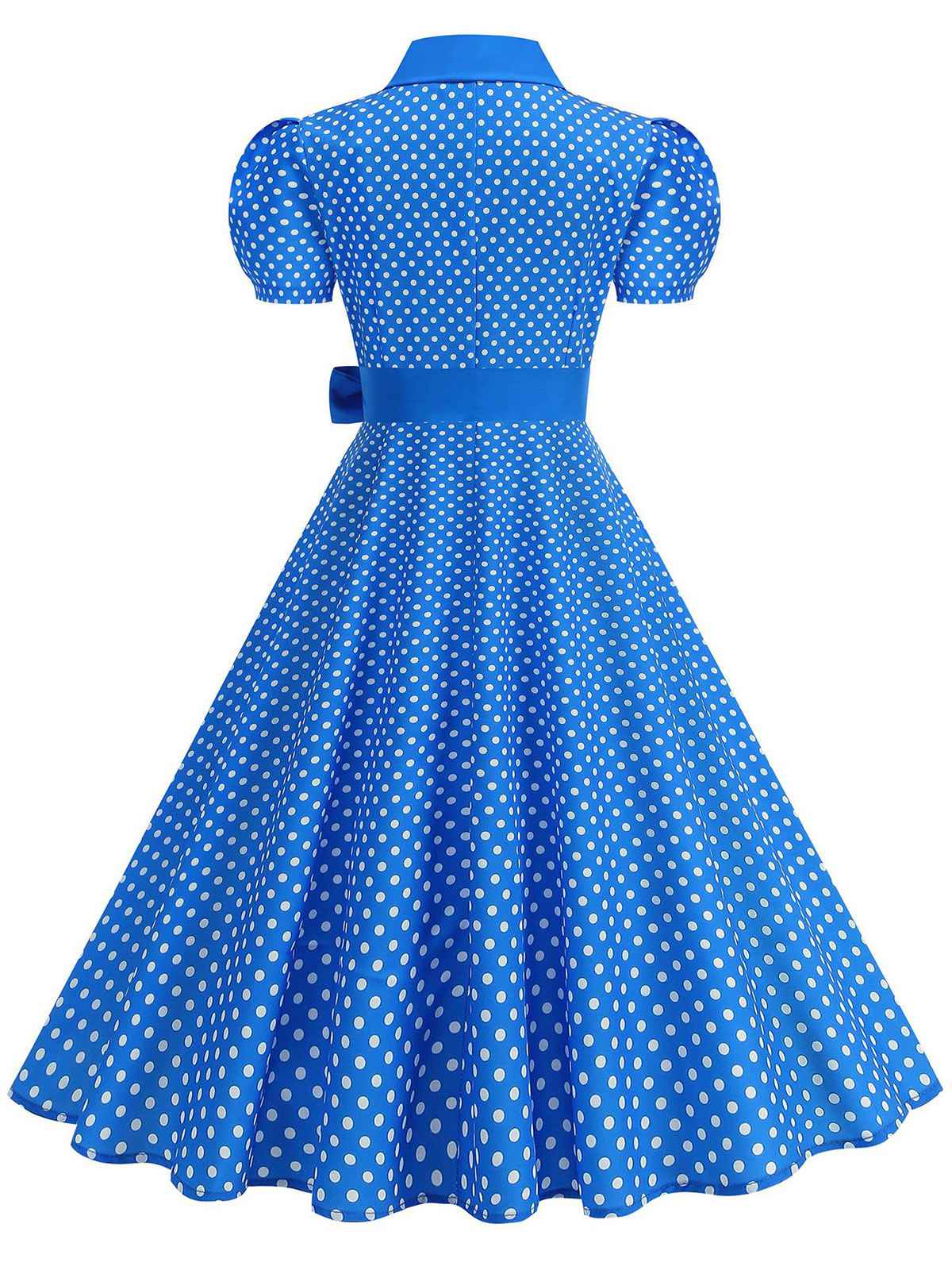 1950s Solid Polka Dot Shirt Collar Belted Swing Dress - Image 8