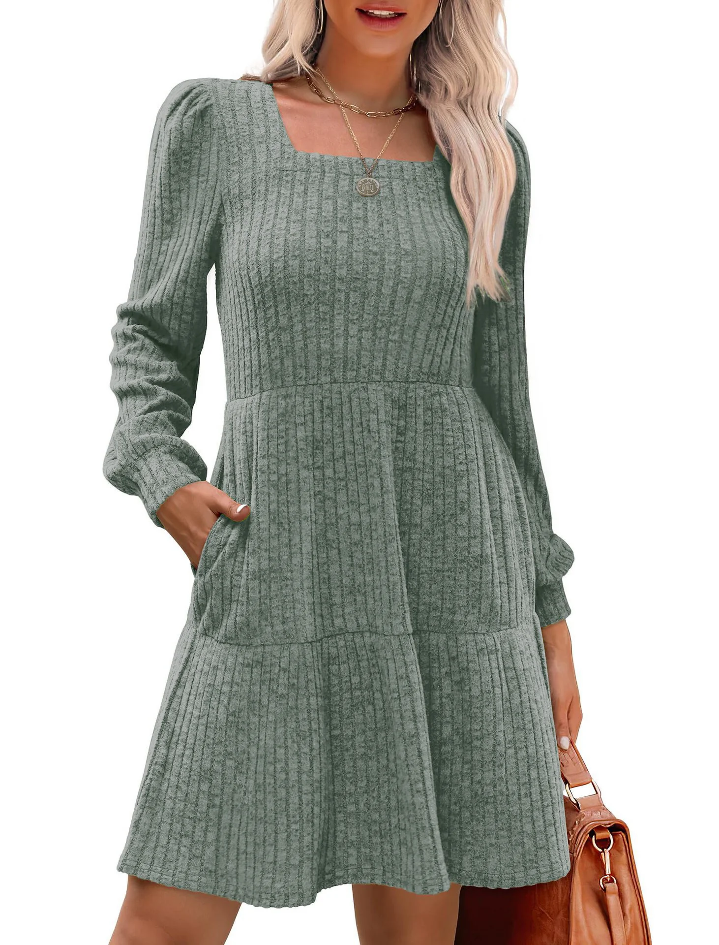 1950s Solid Ribbed Square Neck Long-Sleeve Dress - Image 10