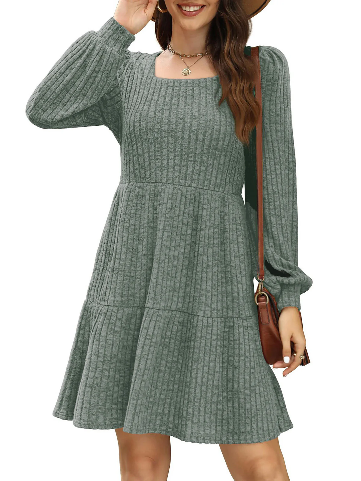 1950s Solid Ribbed Square Neck Long-Sleeve Dress - Image 11