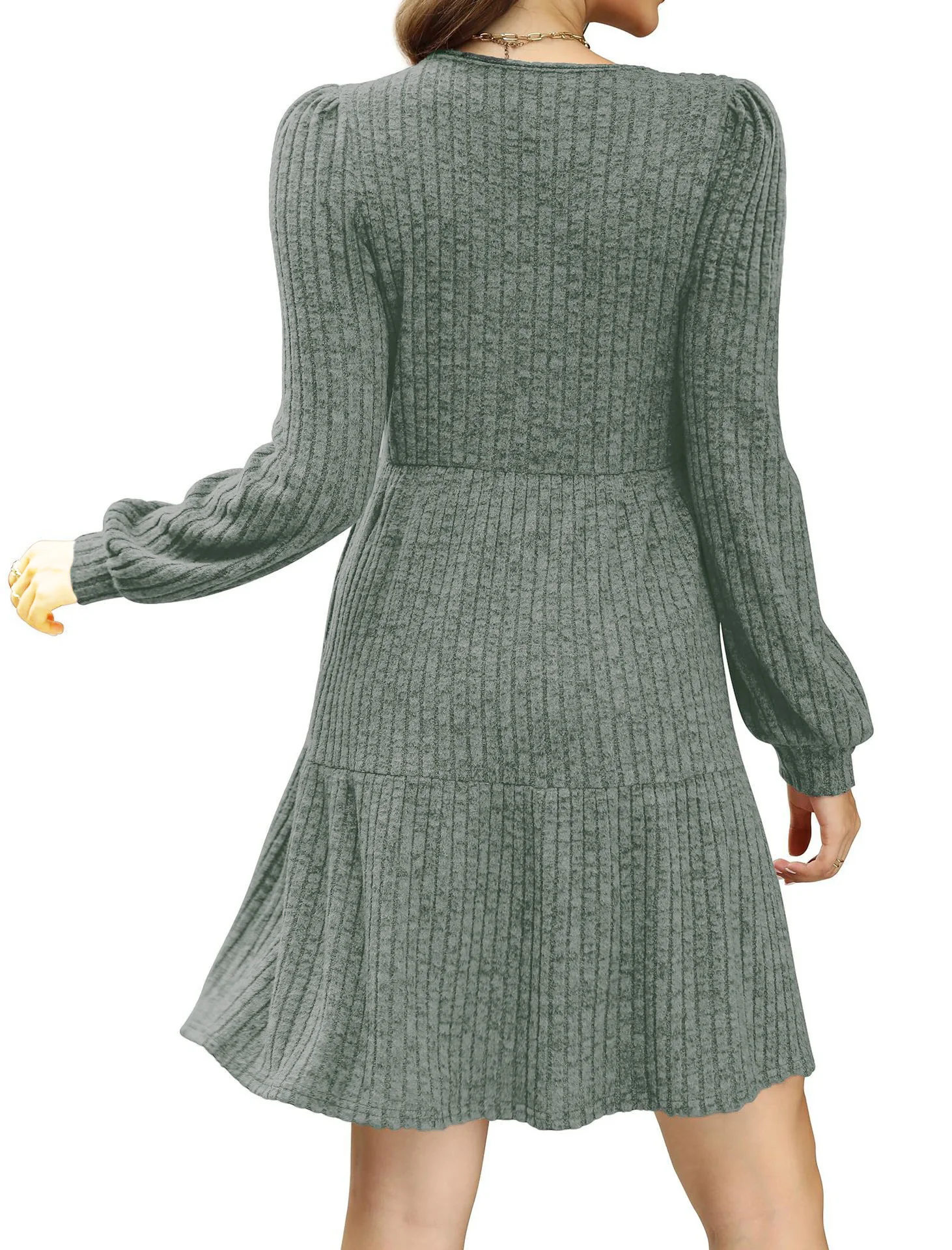 1950s Solid Ribbed Square Neck Long-Sleeve Dress - Image 12
