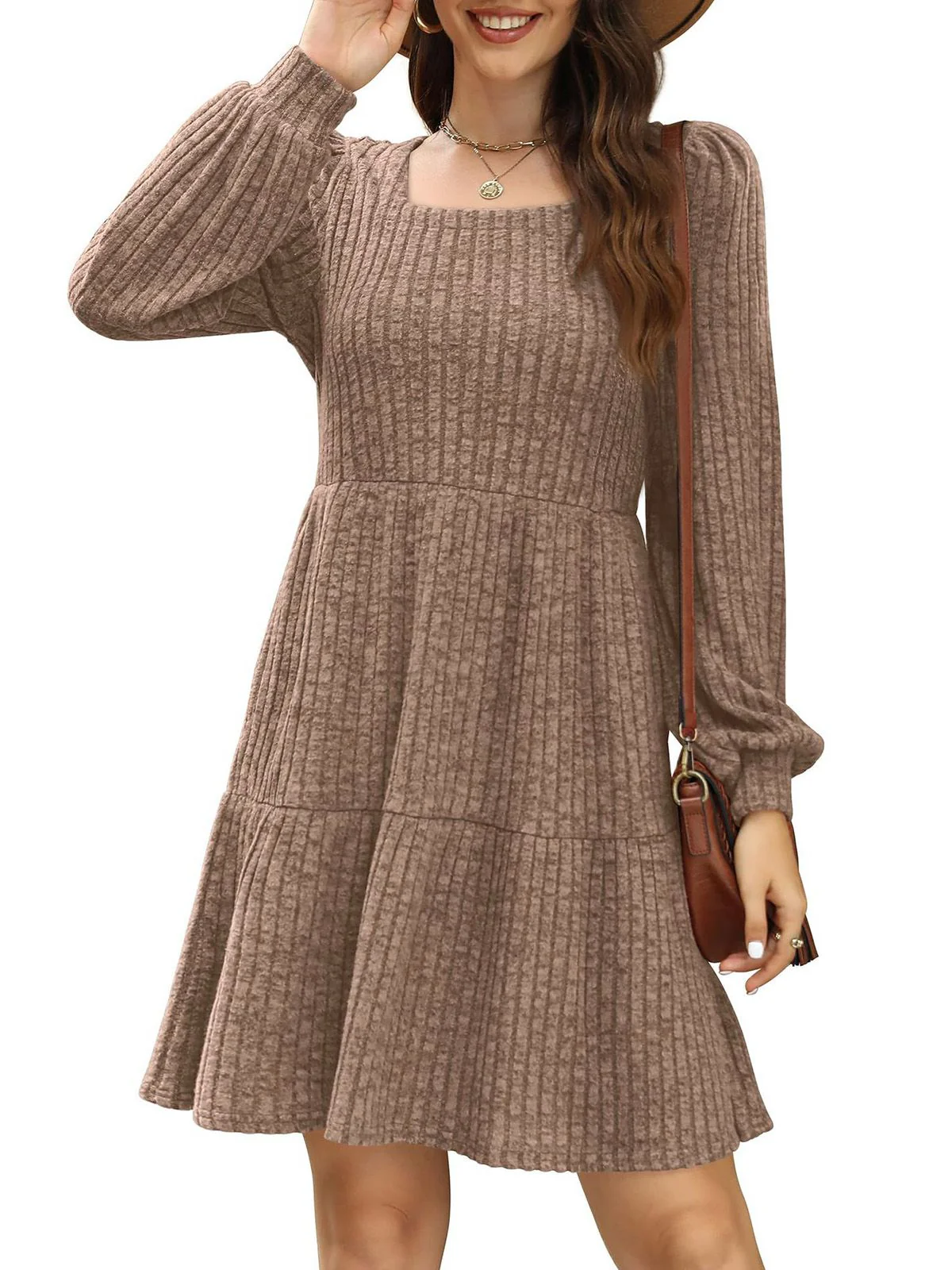 1950s Solid Ribbed Square Neck Long-Sleeve Dress - Image 2