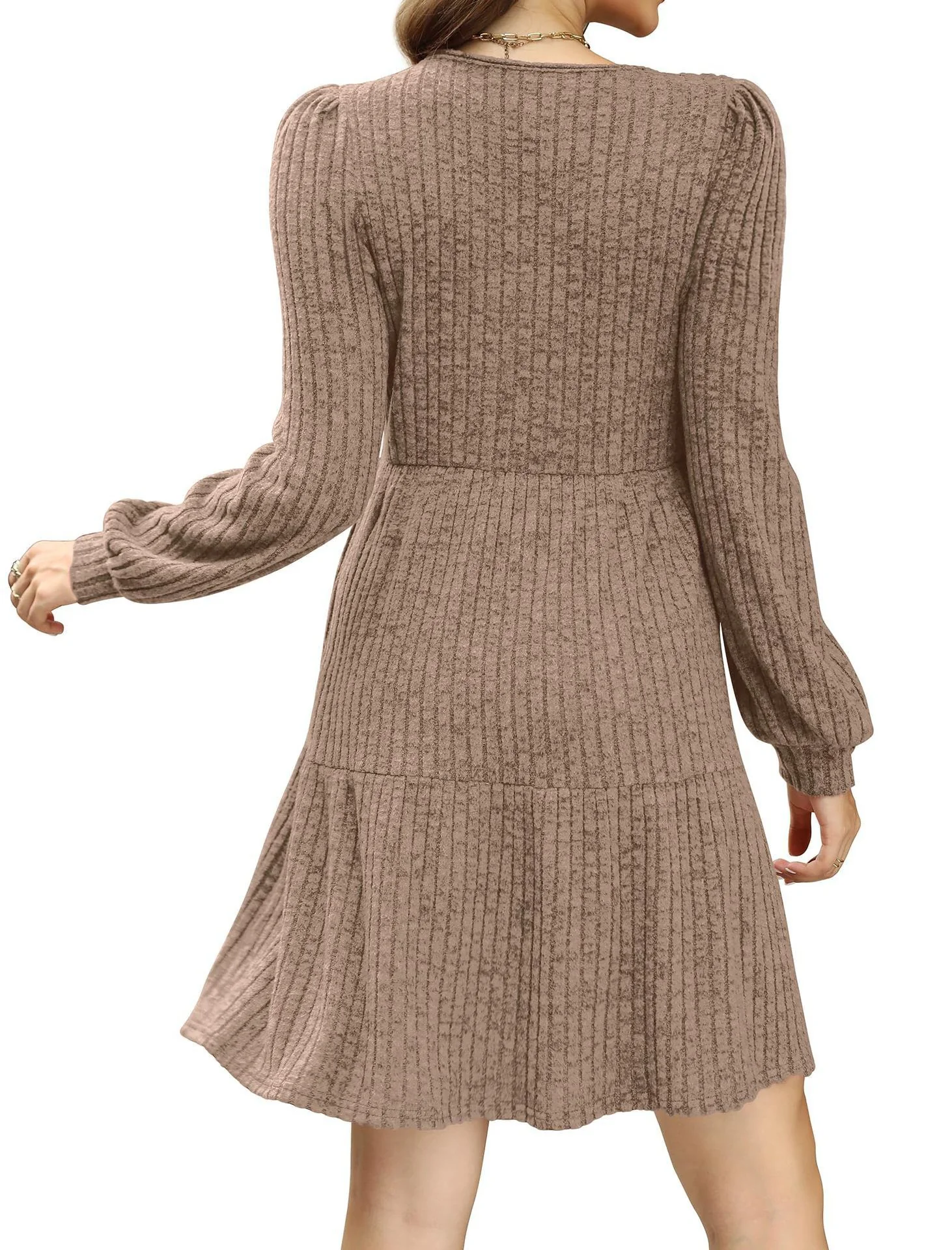 1950s Solid Ribbed Square Neck Long-Sleeve Dress - Image 3