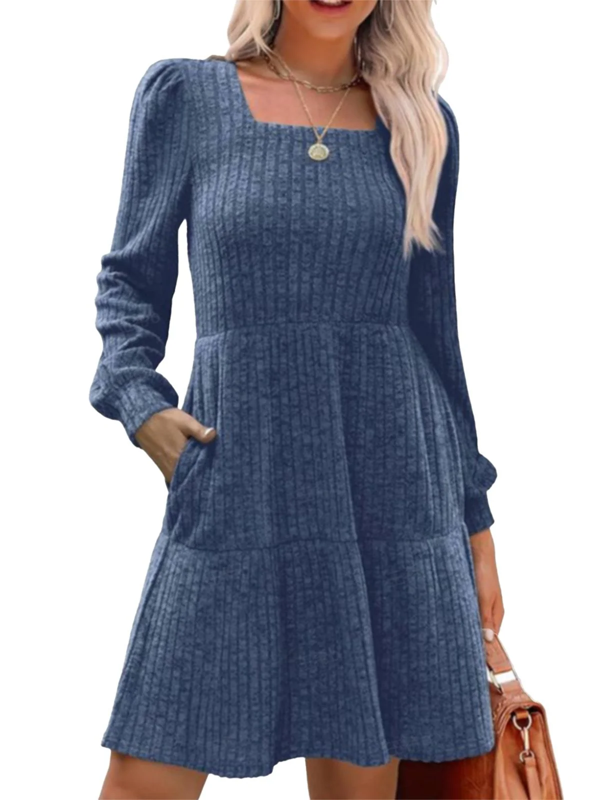 1950s Solid Ribbed Square Neck Long-Sleeve Dress - Image 4