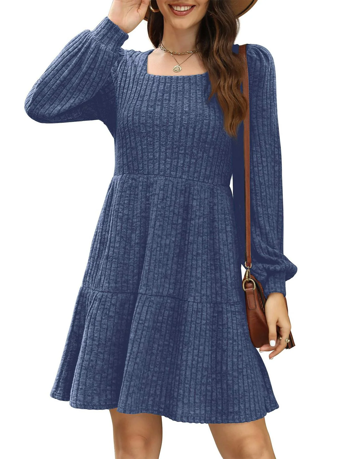 1950s Solid Ribbed Square Neck Long-Sleeve Dress - Image 5