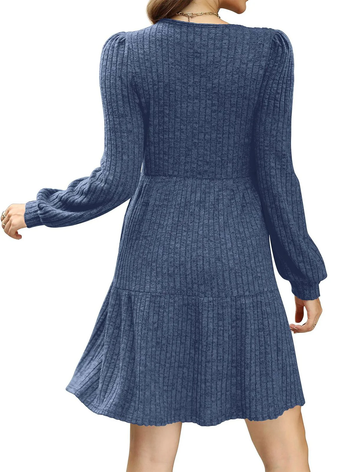 1950s Solid Ribbed Square Neck Long-Sleeve Dress - Image 6
