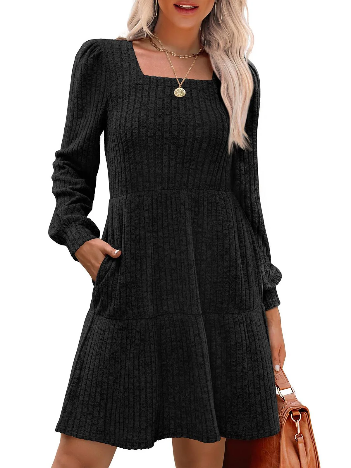 1950s Solid Ribbed Square Neck Long-Sleeve Dress - Image 7