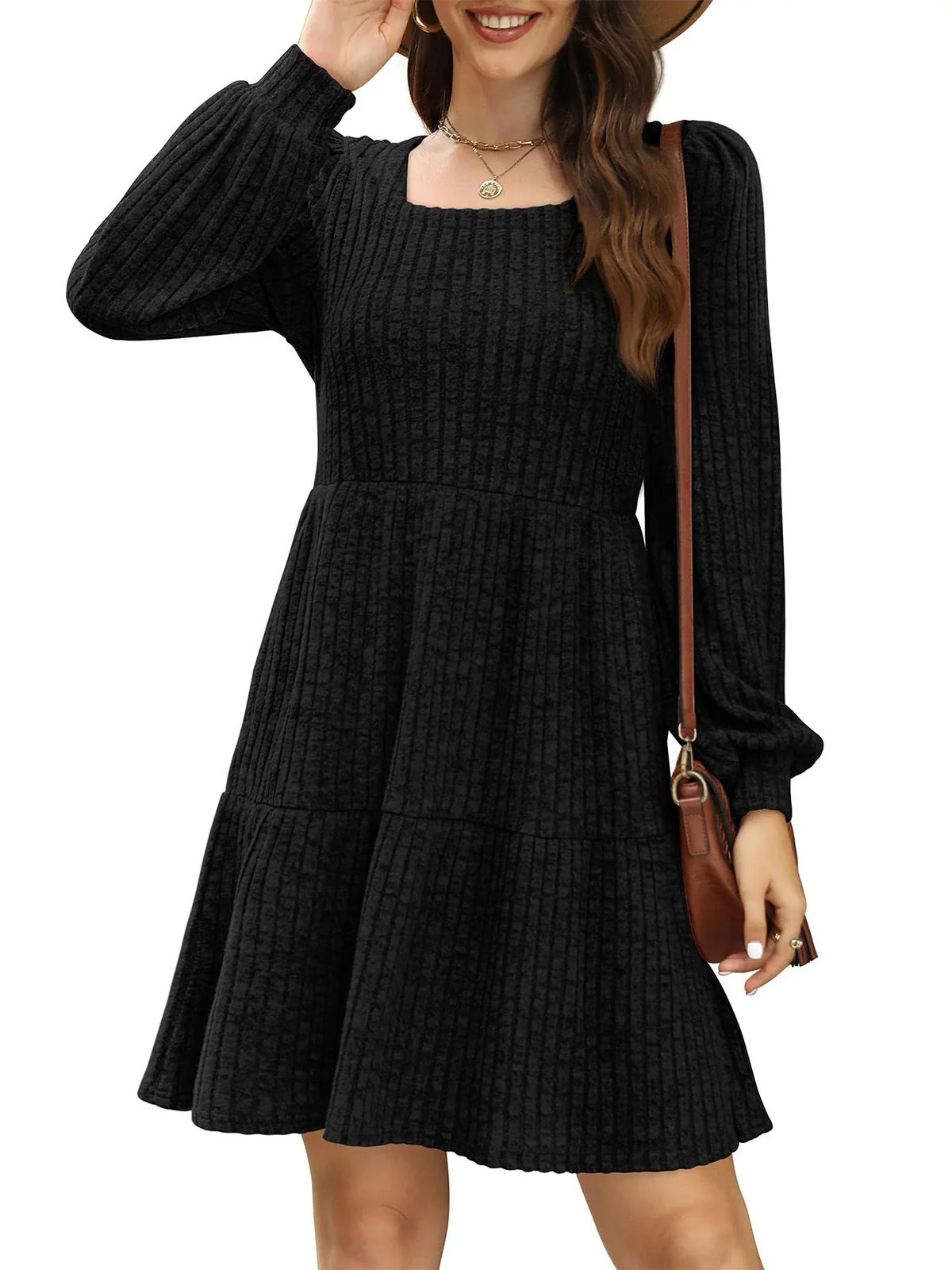 1950s Solid Ribbed Square Neck Long-Sleeve Dress - Image 8