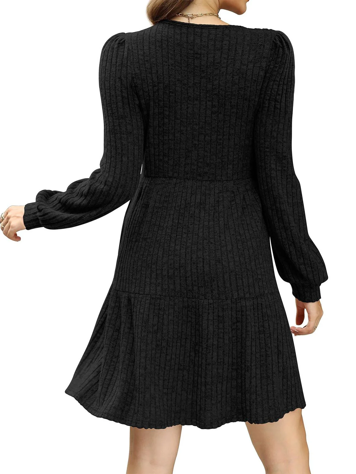 1950s Solid Ribbed Square Neck Long-Sleeve Dress - Image 9