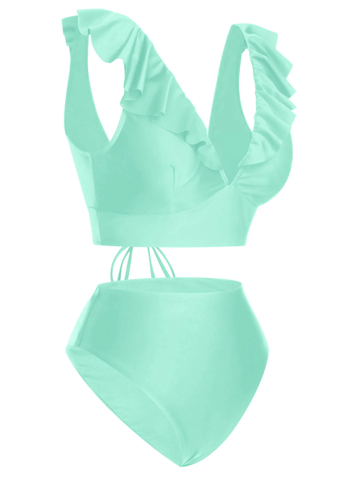 1950s Solid Ruffle Lace-Up V-Neck Swimsuit - Image 10