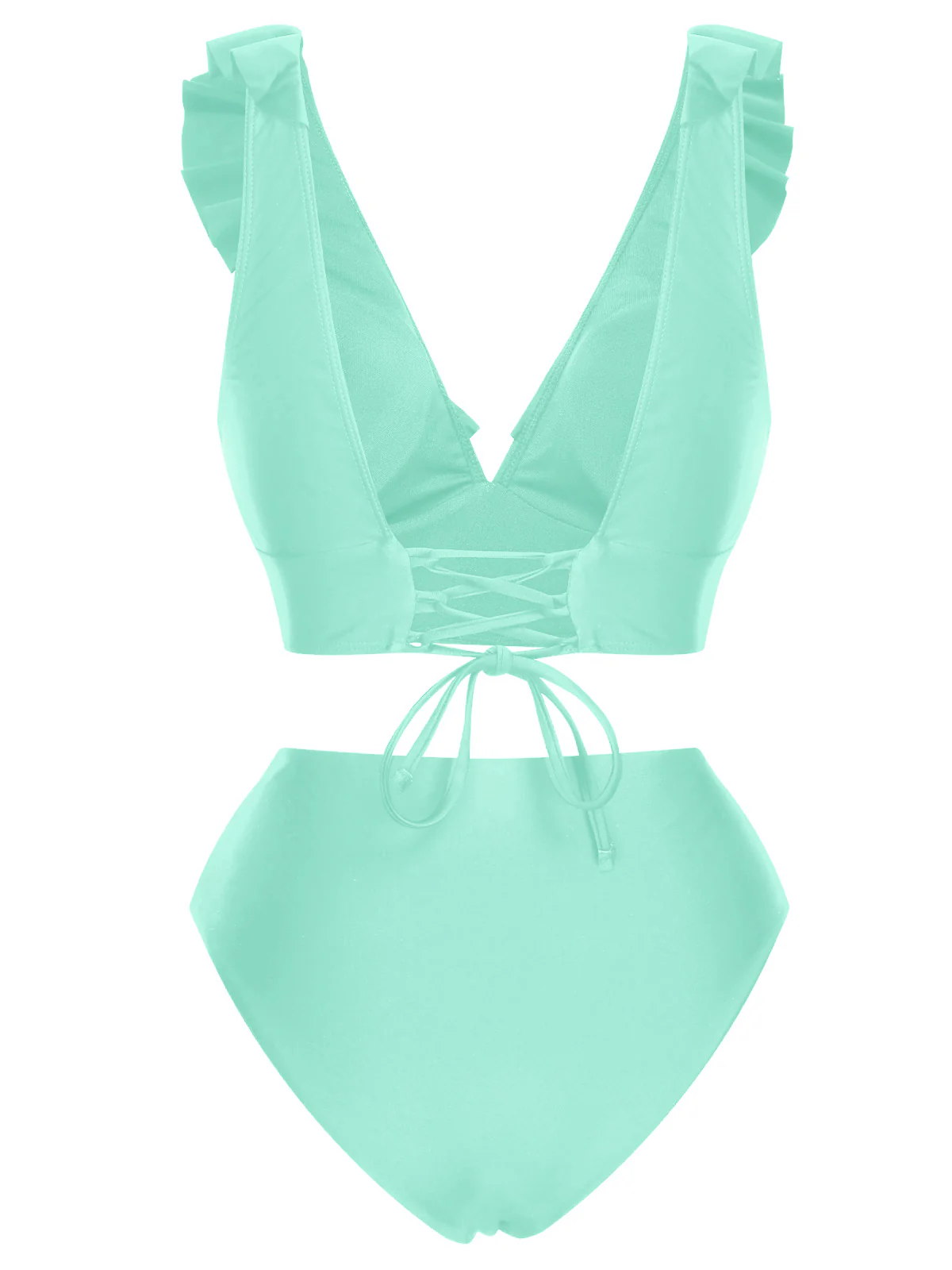 1950s Solid Ruffle Lace-Up V-Neck Swimsuit - Image 11