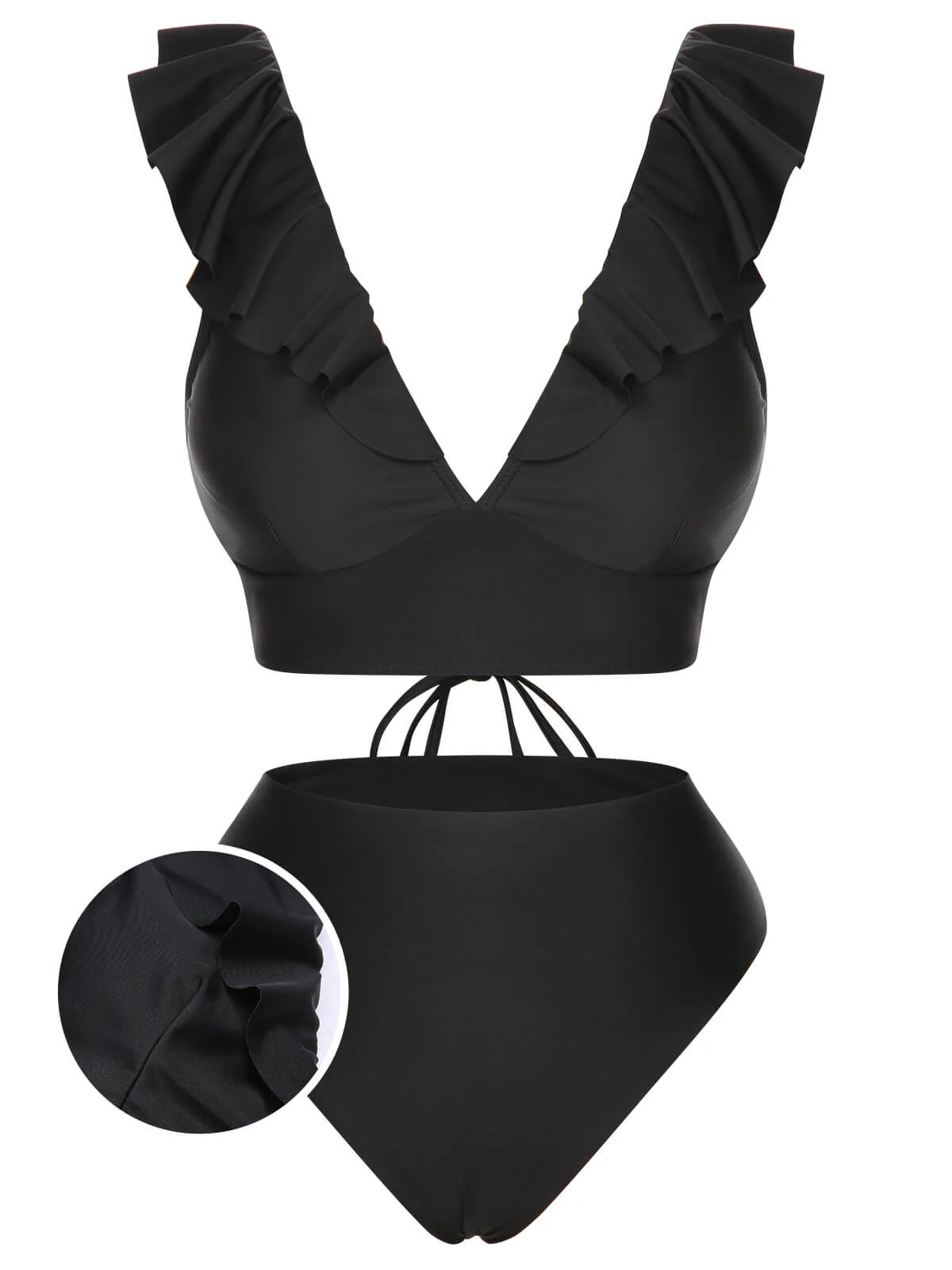 1950s Solid Ruffle Lace-Up V-Neck Swimsuit - Image 15