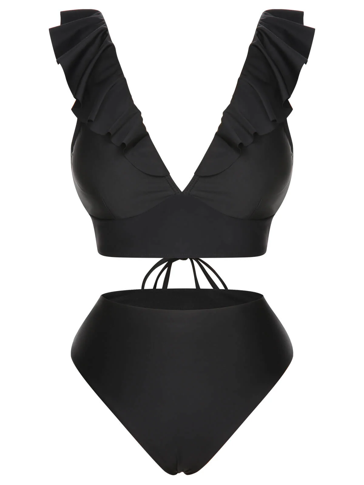 1950s Solid Ruffle Lace-Up V-Neck Swimsuit - Image 16