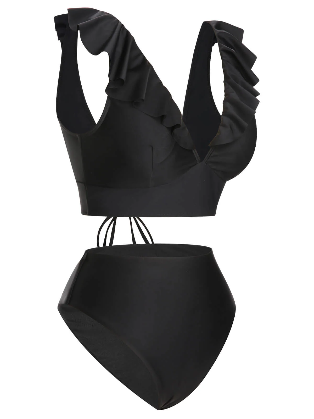 1950s Solid Ruffle Lace-Up V-Neck Swimsuit - Image 17