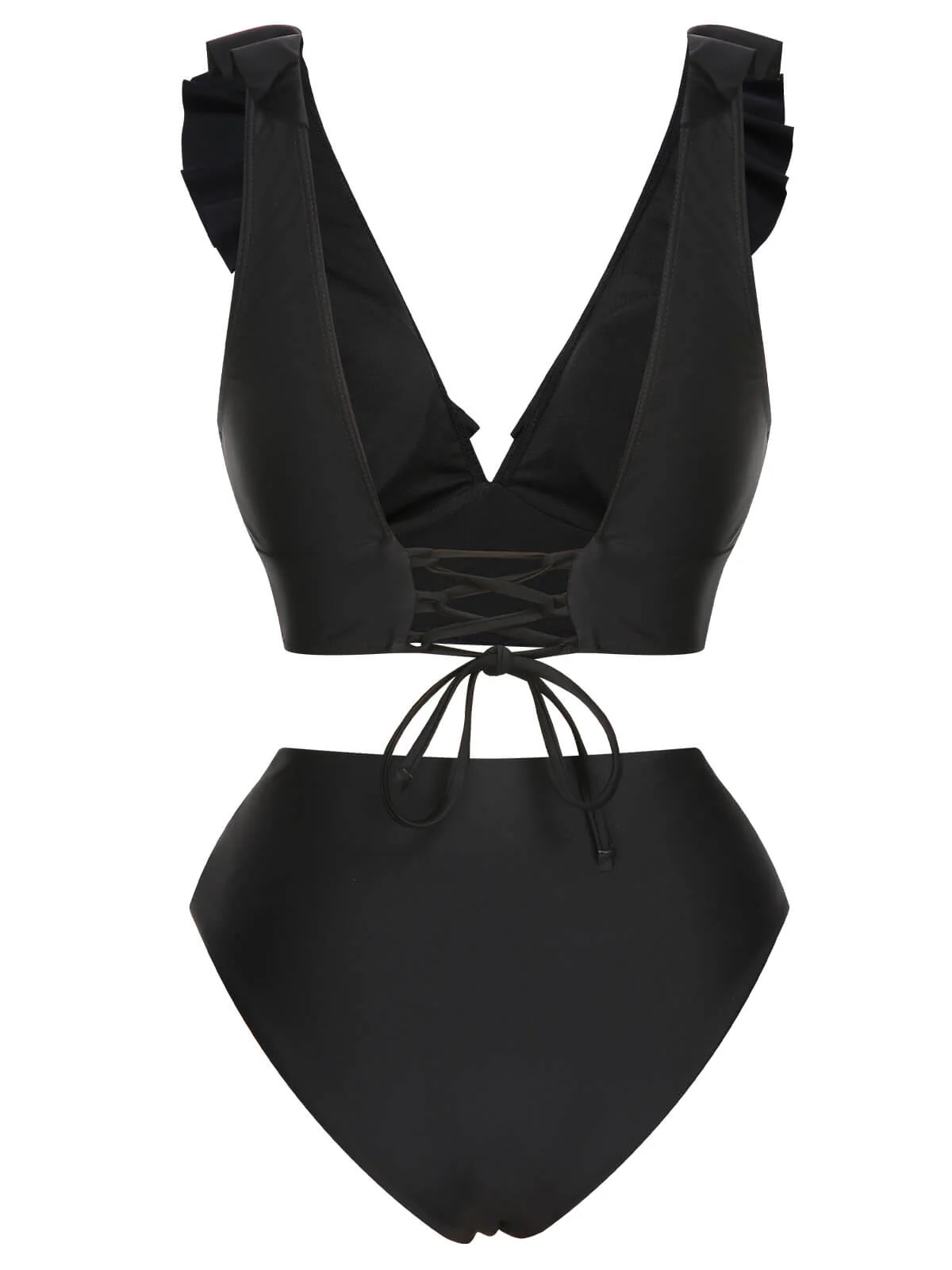 1950s Solid Ruffle Lace-Up V-Neck Swimsuit - Image 18
