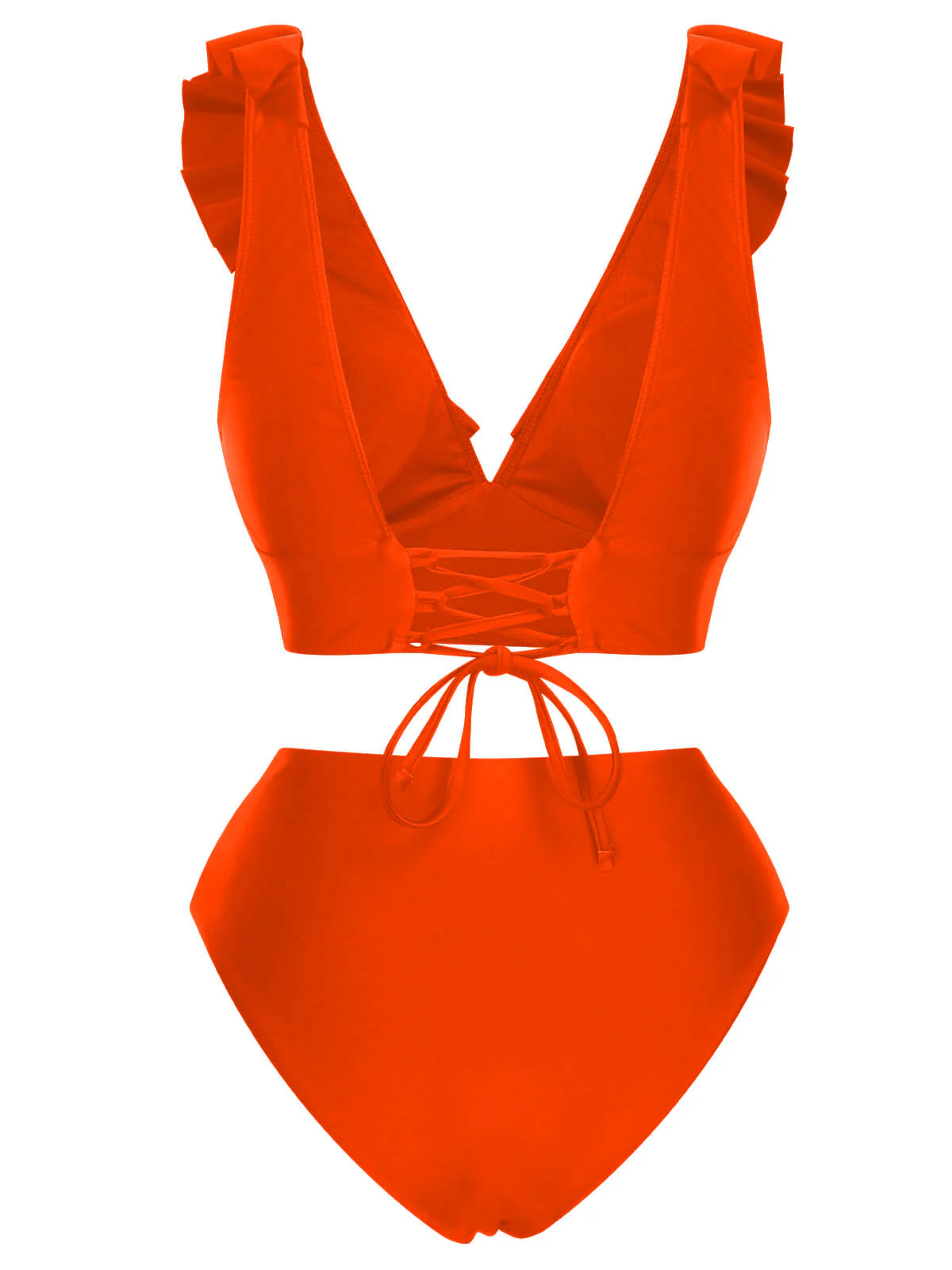 1950s Solid Ruffle Lace-Up V-Neck Swimsuit - Image 24
