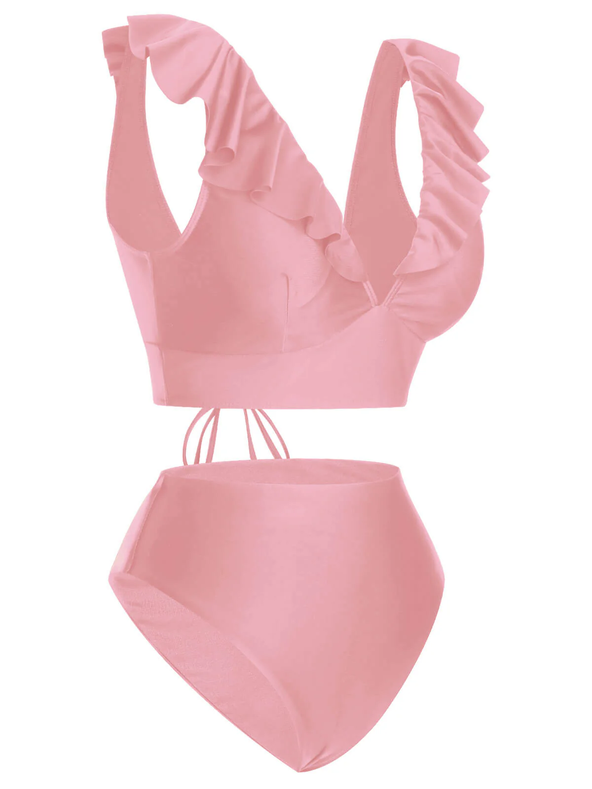 1950s Solid Ruffle Lace-Up V-Neck Swimsuit - Image 3