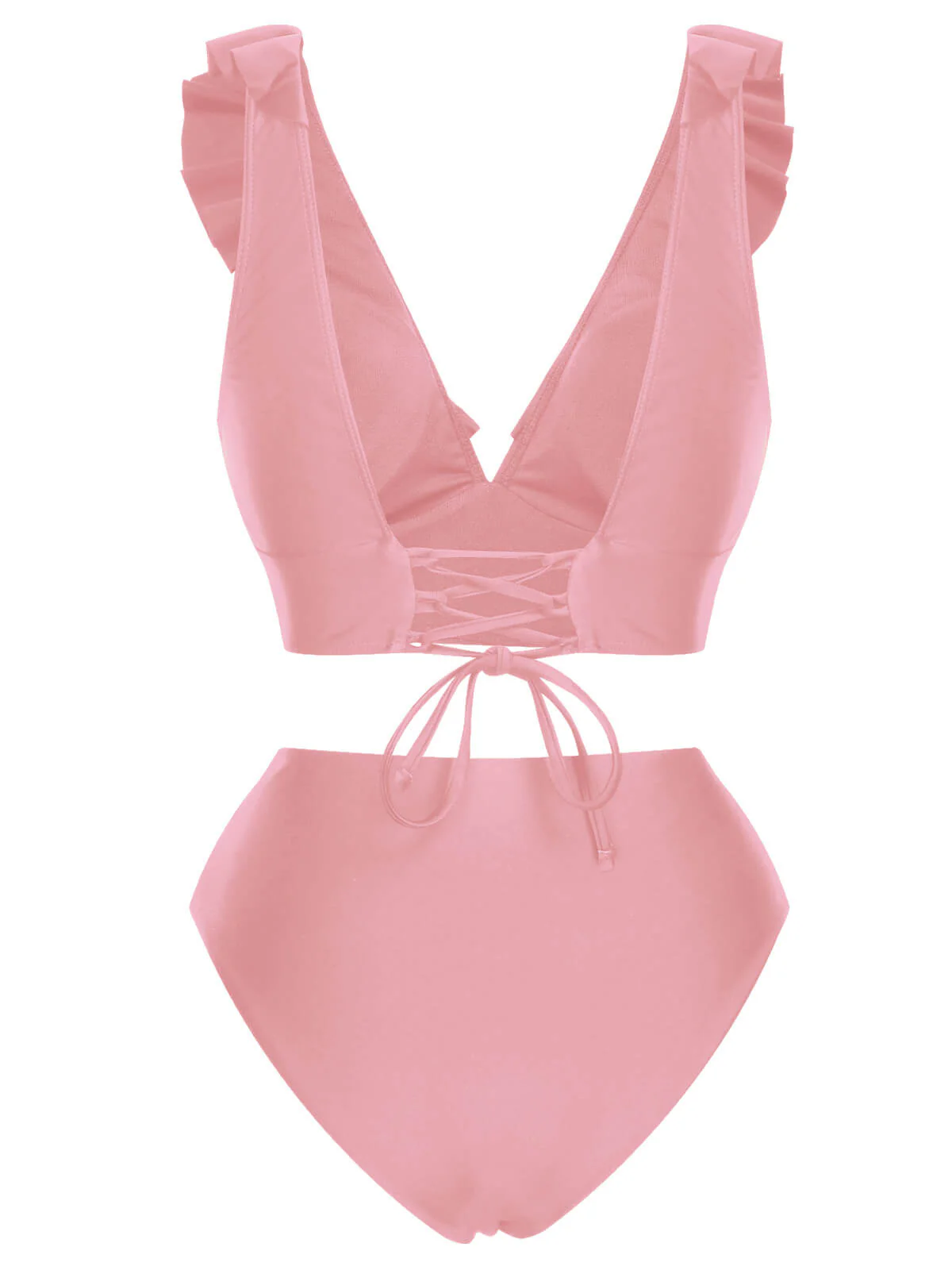 1950s Solid Ruffle Lace-Up V-Neck Swimsuit - Image 4
