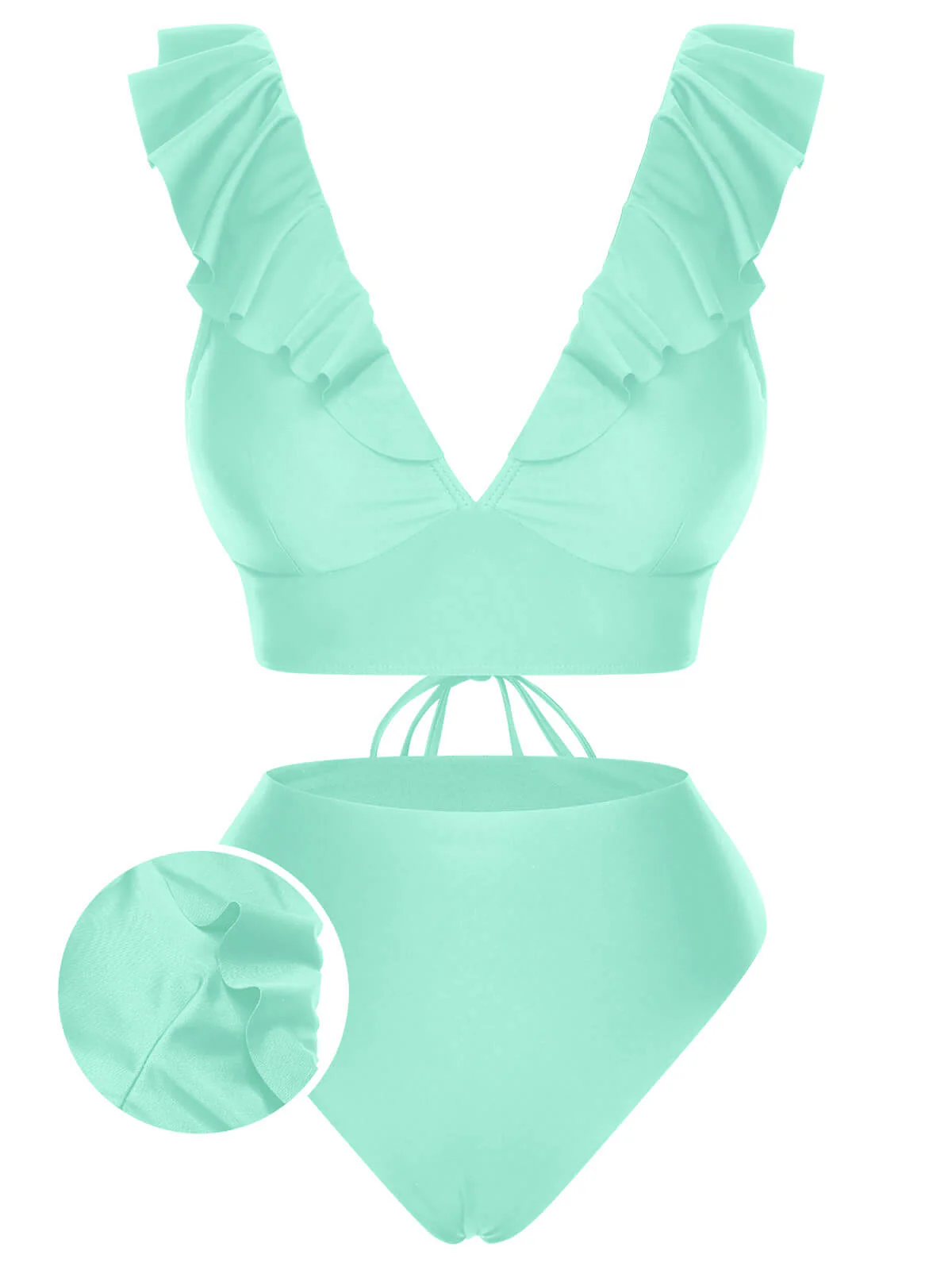 1950s Solid Ruffle Lace-Up V-Neck Swimsuit - Image 8