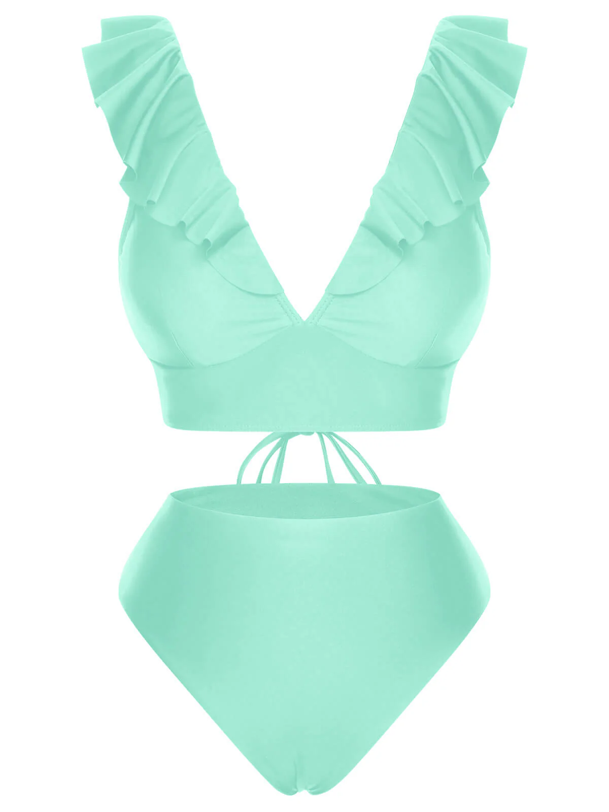 1950s Solid Ruffle Lace-Up V-Neck Swimsuit - Image 9