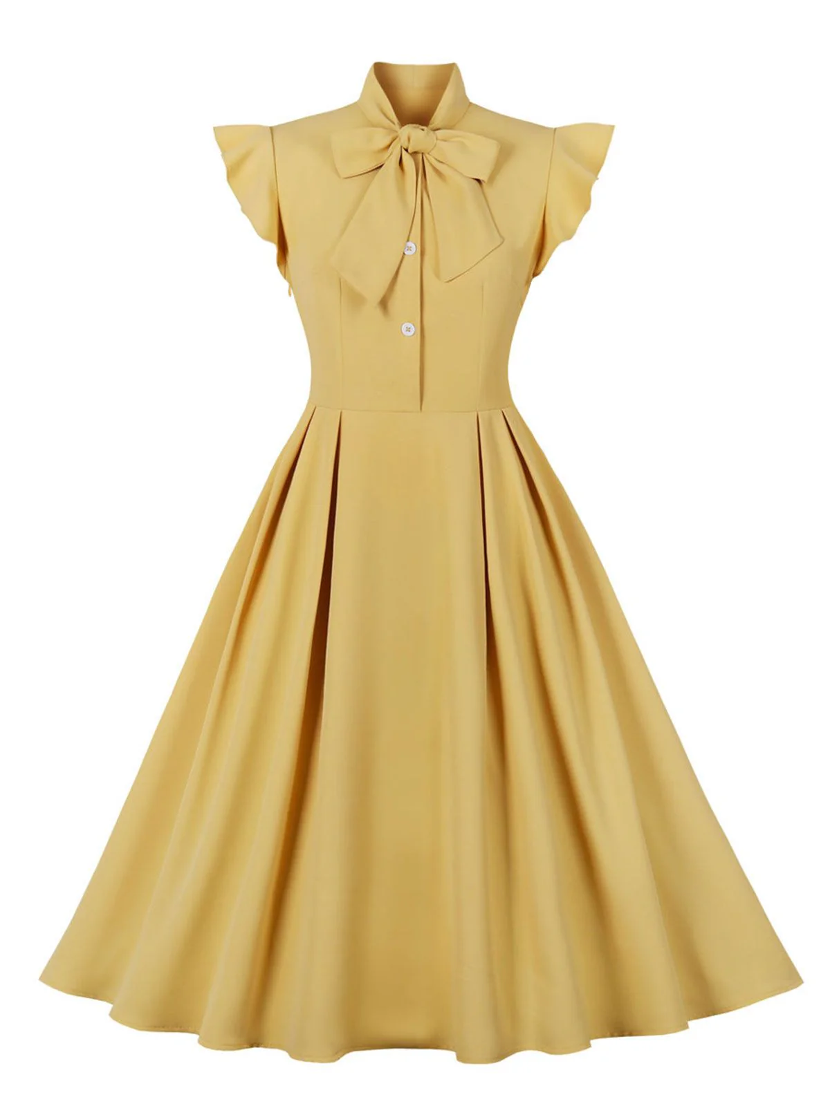 1950s Solid Ruffle Sleeve Bow Neck Dress - Image 3