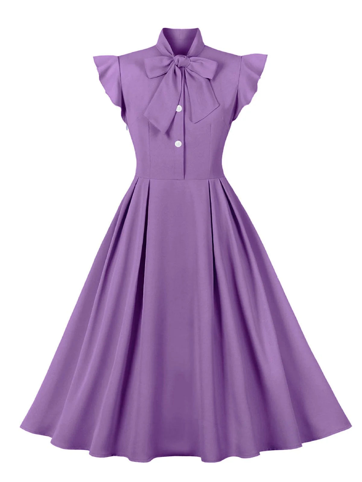 1950s Solid Ruffle Sleeve Bow Neck Dress - Image 5