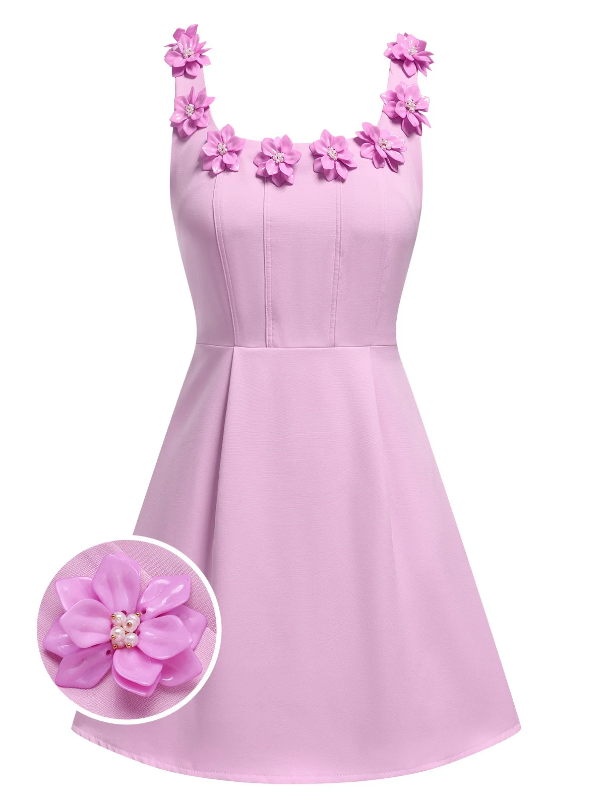 1950s Solid Scoop Neck 3D Floral Dress - Image 7