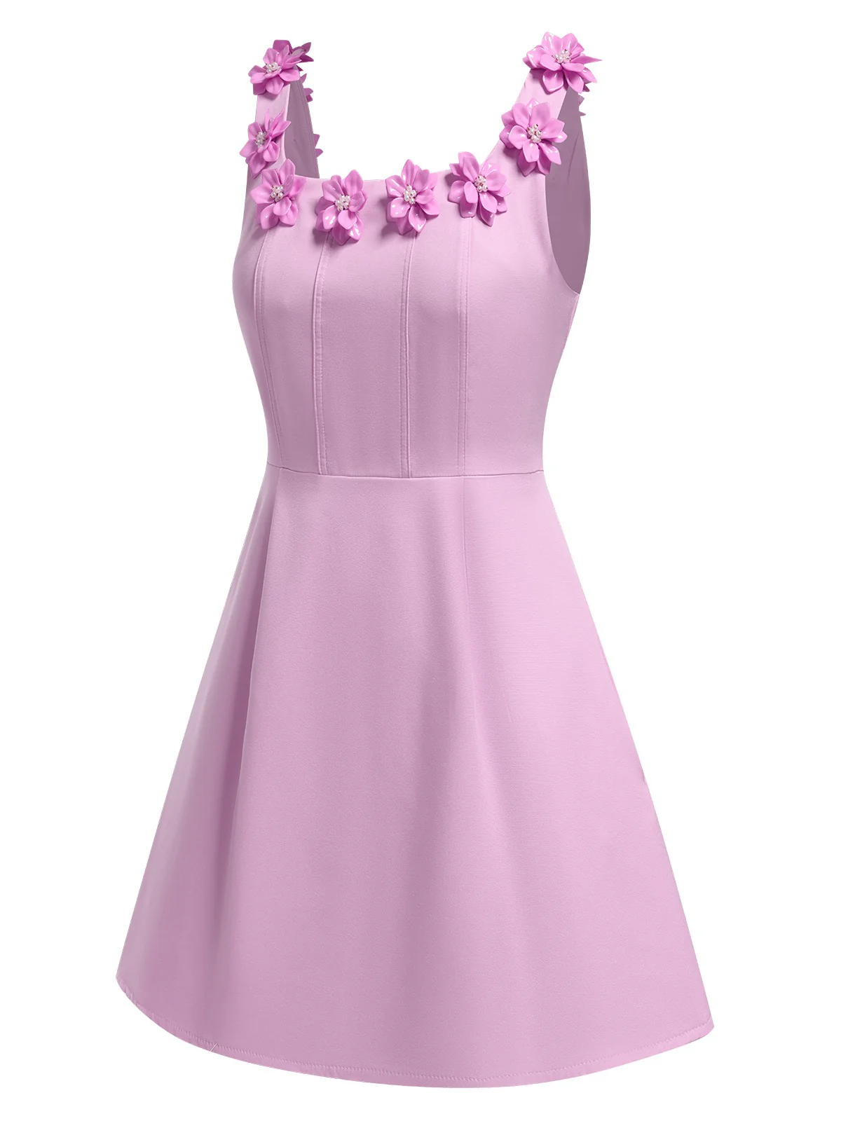 1950s Solid Scoop Neck 3D Floral Dress - Image 8