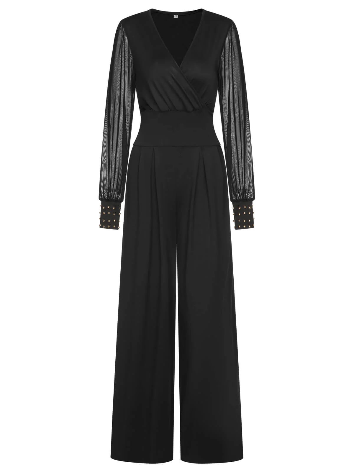 1950s Solid Sheer Sleeves V-Neck Jumpsuit - Image 2